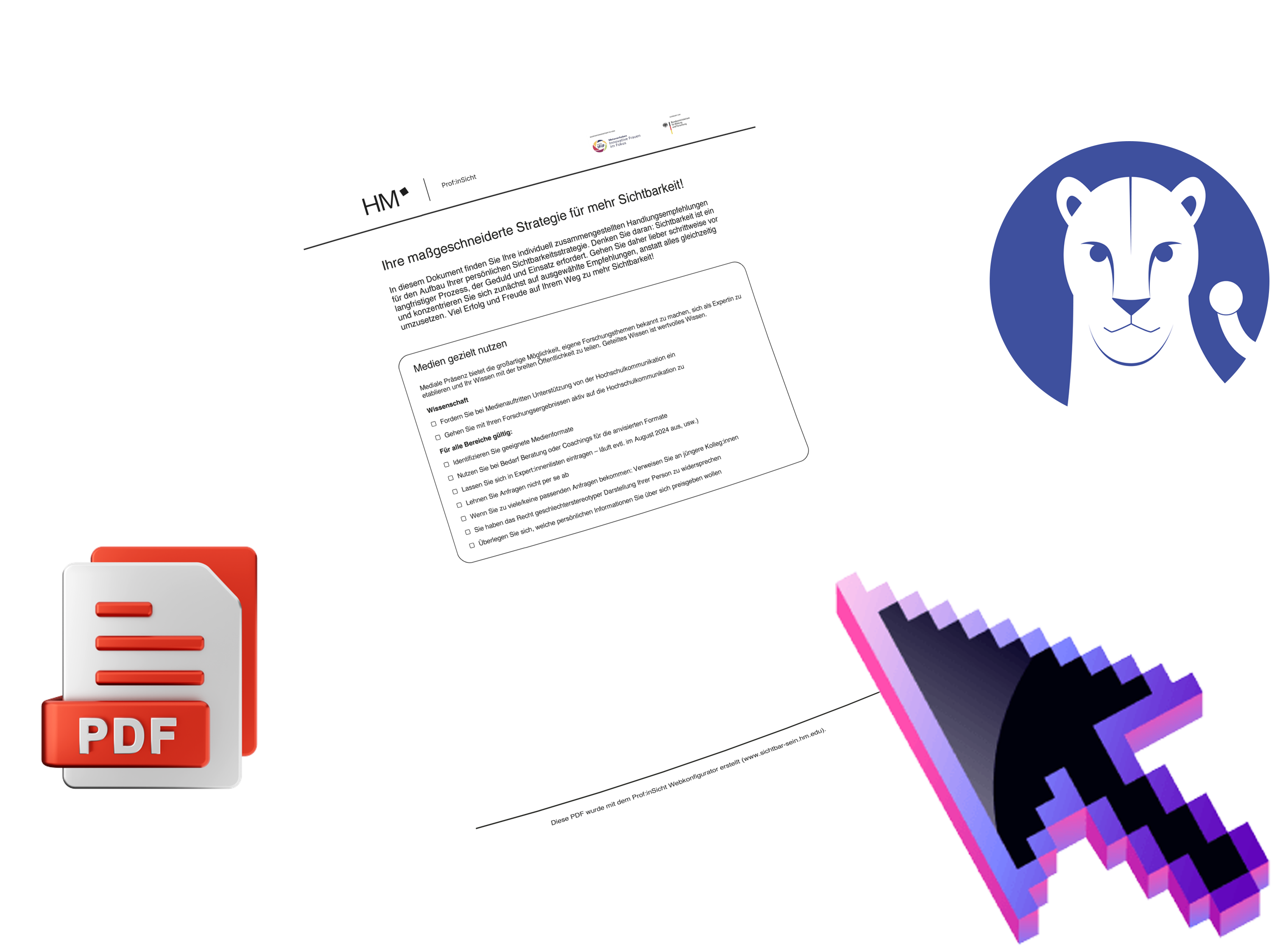 Illustration mit PDF-Symbol, einem geöffneten Dokument der Hochschule München, einem Cursor-Pfeil und dem Prof:inSicht-Logo.